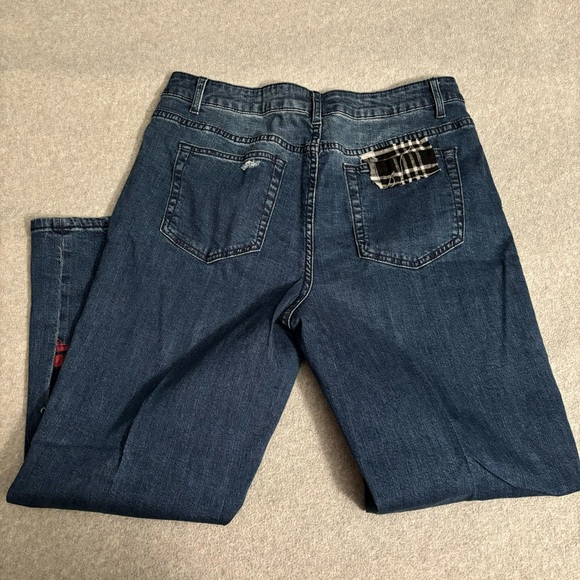 Tru Luxe Jeans slouchy boyfriend plaid flannel patches & holes 31/12p - Picture 5 of 13